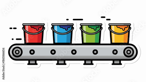 Four colorful paint buckets move along a conveyor belt in a clean, modern style