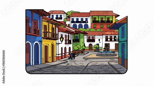 Colorful buildings line a cobblestone street with a fountain and people