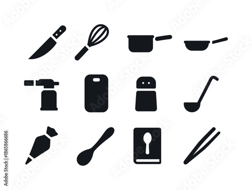 Culinary Tool Icons. Culinary arts. Solid icon set of culinary arts: chef knife, whisk, saucepan, saute pan, blowtorch, cutting board, spice jar, ladle, piping