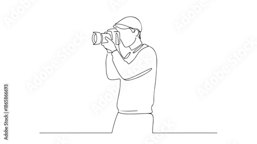 Continuous line drawing of a photographer holding a camera and taking a picture with a visor cap on