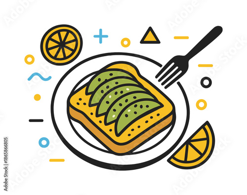 Vibrant Avocado Brunch. Healthy brunch moment. A fork hovers beside vibrant avocado toast; geometric accents pop like citrusy energy. Warm notes fill the