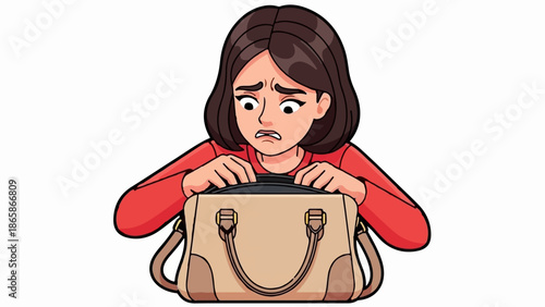Woman anxiously searches through her purse, looking concerned