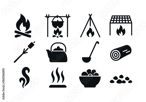 Campfire Cooking Icons. Campfire cooking. Solid icon set of Campfire cooking: campfire, hanging pot, tripod stand, grilling grate, roasting stick, kettle,