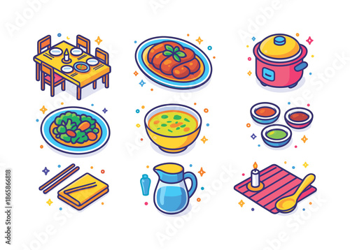 Colorful Home Dinner Icons. Home dinner with braised pork. Colorful isometric vector icons set of Home dinner with braised pork: family dinner table, main