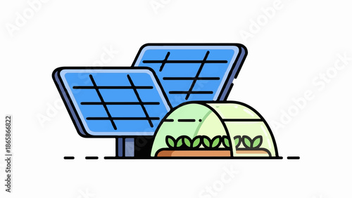 Solar panels power greenhouse growing plants