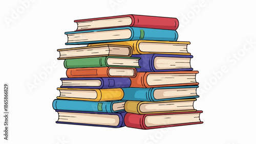 A colorful, stacked pile of hardcover books in various sizes and colors