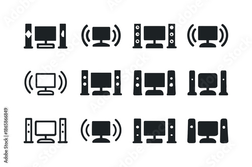 Home Theater Icons. Home theater system. Icon set. Set Logo of home theater system: volume waves icon. harmonious logo variations of the same emblematic