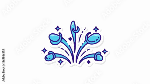 A stylized, cartoonish burst of blue water droplets and sparkles