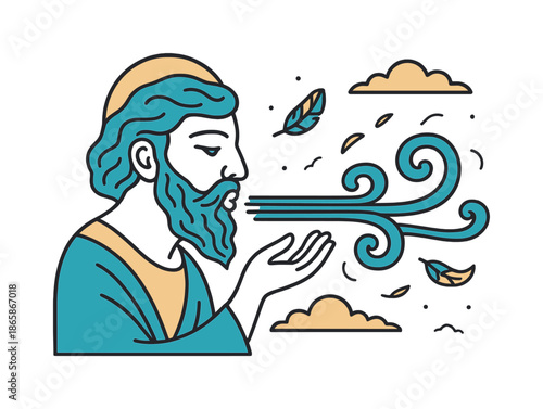 Wind Whisperer Illustration. Wind whisperer. A calm god blows gently, sending curling streams of air across the sky; floating feathers drift in the stormlight.