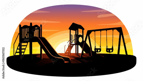 Silhouetted playground equipment against a vibrant sunset sky with purple and orange hues