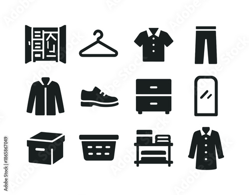 Black Closet Icons. Closet. Solid icon set of Closet: open closet, hanger, shirt, pants, jacket, shoes, drawer, mirror, box, basket, shelf, coat. Filled icons