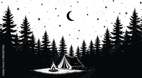 Night camping landscape with tent and bonfire, evergreen pine forest silhouette, crescent moon and starry sky background