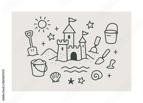 Sandcastle Doodle Art. Sandcastle building. Hand-drawn doodle illustration Sandcastle building shovel, bucket, castle towers, flags, sand mound, smoothing