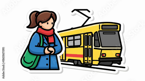 A cartoon of a woman in a blue coat and red scarf with a green bag waiting for a yellow tram