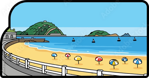 A colorful cartoon seascape with a sandy beach, umbrellas, sailboats, and green hills