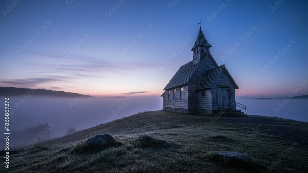 Fototapeta premium Serene Church on a Foggy Hilltop at Dawn Mist Serenity Landscape. Concept featuring church, fog, hilltop, dawn, mist.