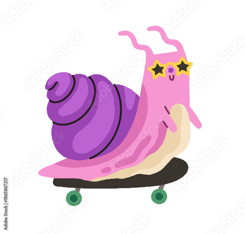 Cute snail riding skateboard. Funny happy gastropod in sunglasses skating on ...