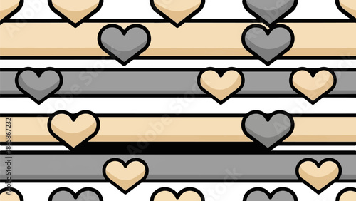 Repeating pattern of beige and gray hearts on horizontal stripes