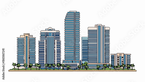 A modern cityscape features tall, blue glass skyscrapers and palm trees lining the foreground