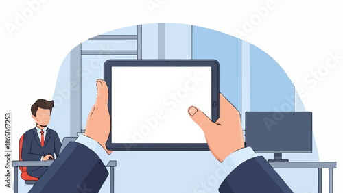 A person holds a tablet showing a blank screen in an office with a colleague at a desk