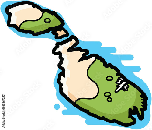 Stylized islands with green and tan landmasses surrounded by blue water