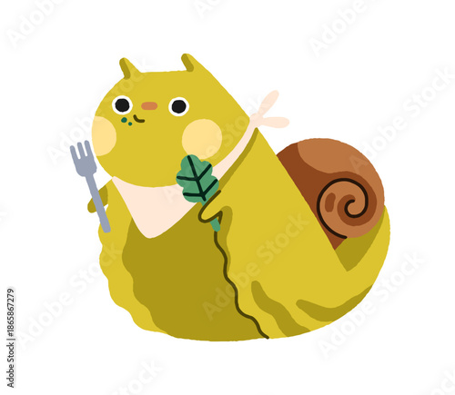 Cute snail eating leaf. Funny happy baby gastropod holding green snack, healt...