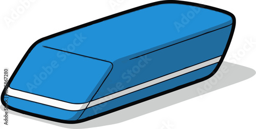 A blue rectangular eraser with a white stripe and a shadow