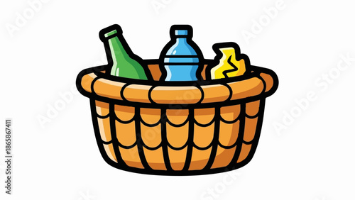 A cartoon woven basket holds three distinct bottles