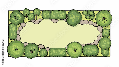 Overhead view of a garden bed with plants and stones framing a light green space