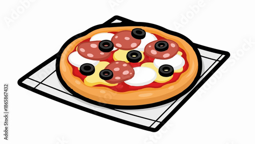 A stylized, cartoonish pizza with pepperoni, mozzarella, olives, and sauce