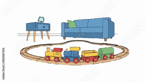A charming illustration of a child's toy train set on a track in a living room setting