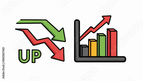 Animated arrows show contrasting upward and downward trends alongside a rising bar chart