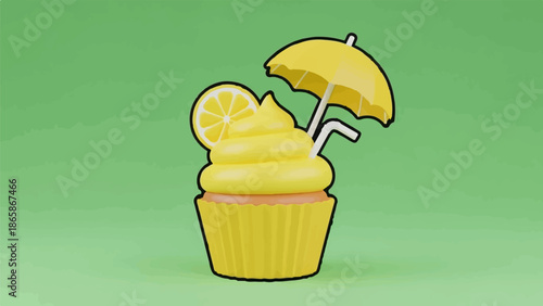 A whimsical yellow cupcake with lemon frosting, a slice, and a tiny umbrella