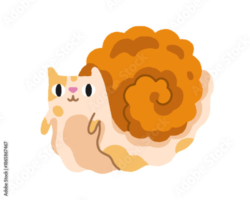 Cute smiling snail with spiral helix shell house. Funny happy gastropod, gard...