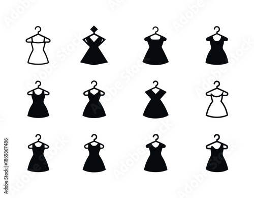 Clothing Logo Variations. Trying on clothes. Icon set. Set Logo of Trying on clothes: dress on hanger. harmonious logo variations of the same emblematic