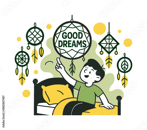 Cozy Dreamcatcher Haven. Kids? bedroom with handmade dreamcatchers. A cozy child?s room shows a small bed framed by several DIY dreamcatchers of different