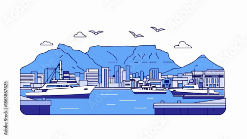 Coastal city skyline with mountains, yachts, and flying birds