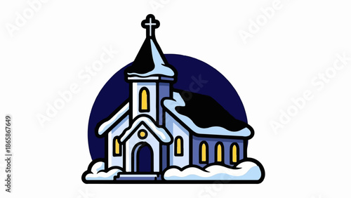 A charming, cartoonish illustration of a snow-covered church at dusk
