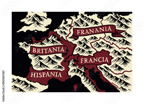 Ancient Kingdom Borders. Old kingdom borders. Mountain ranges etched in bold strokes; banners with ancient names fluttering. Soft shading revealing terrain