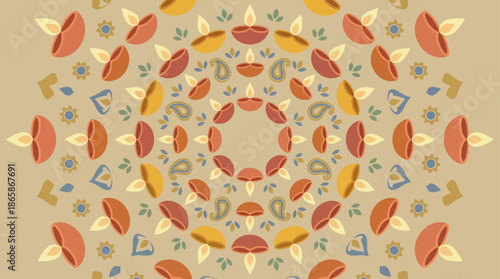 Intricate Mandala Pattern with Traditional Indian Diya Lamps and Floral Motifs.