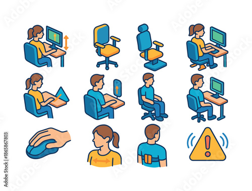 Ergonomic Office Icons. Workplace posture. Colorful isometric vector icons set of workplace posture: monitor-height guide, chair height setting, armrest setup,