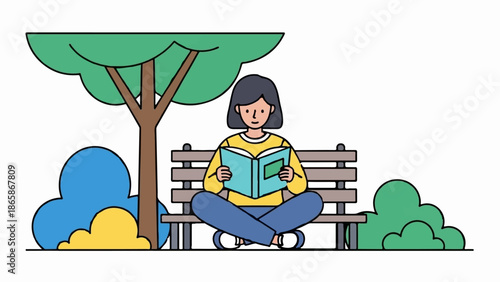 Person reading a book on a park bench under a tree with colorful bushes