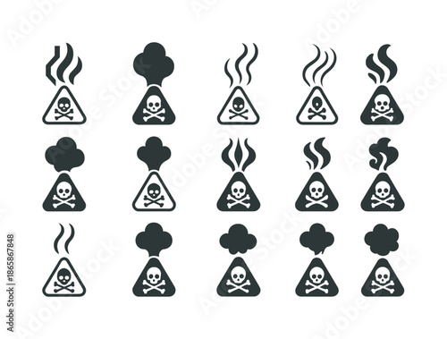 Toxic Fumes Logos. Toxic fumes. Icon set. Set Logo of toxic fumes: rising chemical smoke. harmonious logo variations of the same emblematic concept, each with