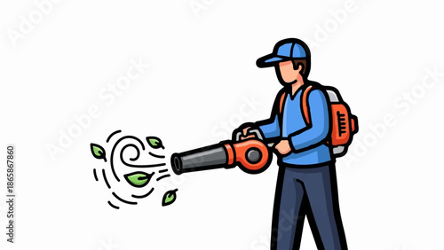 Person with leaf blower pushing leaves and air