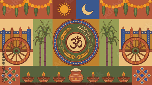 Traditional Indian Festival Celebration with Om Symbol and Cultural Elements.