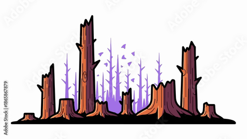 Stylized depiction of burnt trees and stumps against a pale background, with purple ghostly trees behind