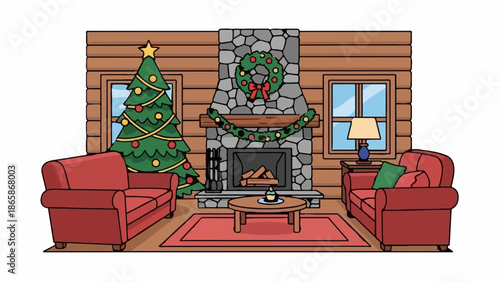 Cozy log cabin living room with festive holiday decor, a fireplace, and comfortable seating