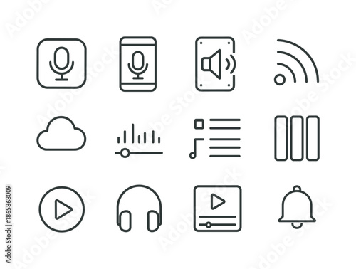 Podcast Icon Set. The rise of podcasts and their cultural impact ? Podcast Platforms. Line icon set of The rise of podcasts and their cultural impact ? Podcast