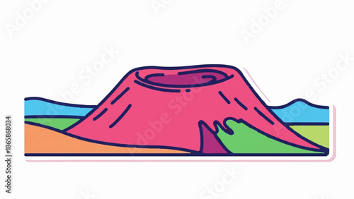 Stylized volcano erupting with colorful geological layers and a white outline