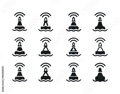 Buoy Logo Variations. Buoy floating. Icon set. Set Logo of buoy floating: signal buoy with beacon. harmonious logo variations of the same emblematic concept,
